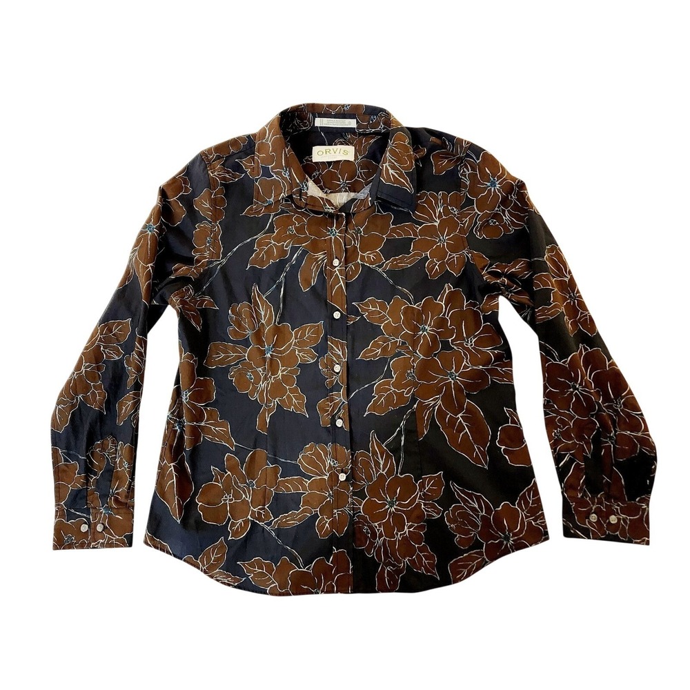 Orvis Womens 16 Floral Button Down Shirt Brown Navy Wrinkle Resistant Cotton